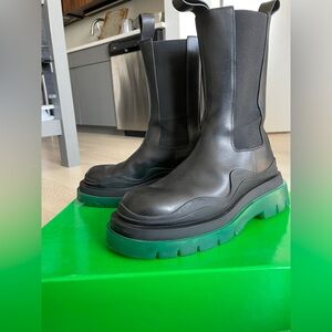 Bottega Veneta Black Leather Chelsea Boots with Green Lug Sole